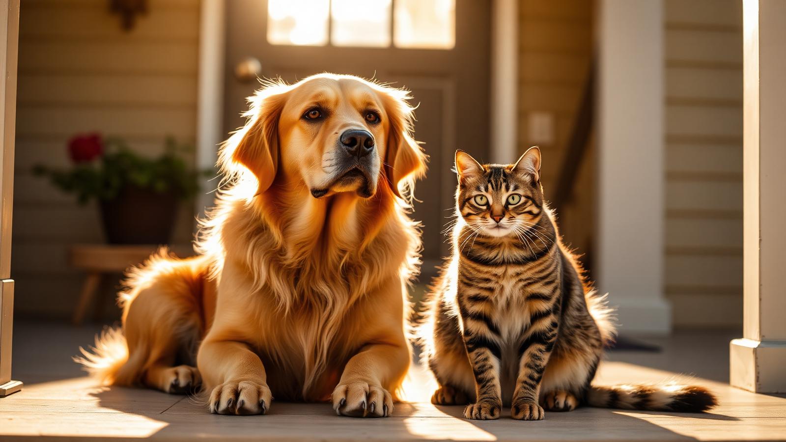 A golden retriever and tabby cat
